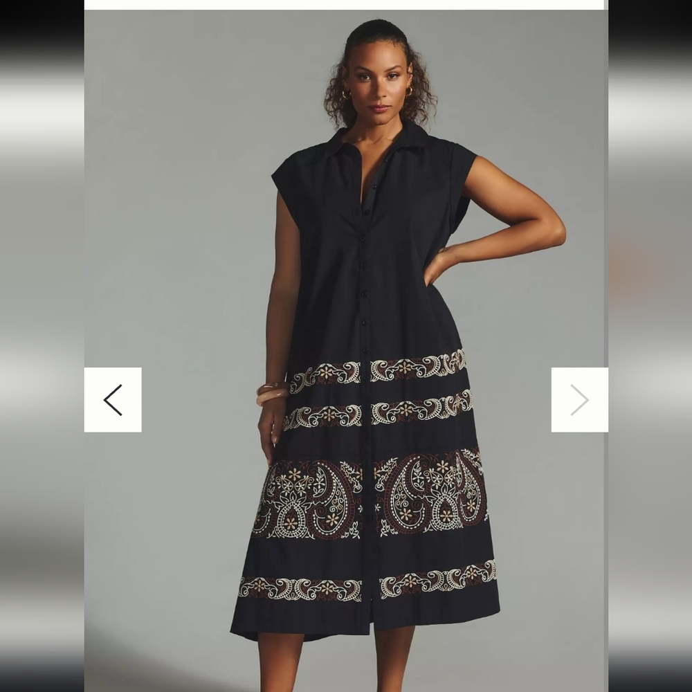 Anthropologie Black and Cream Embroidered Midi Dress